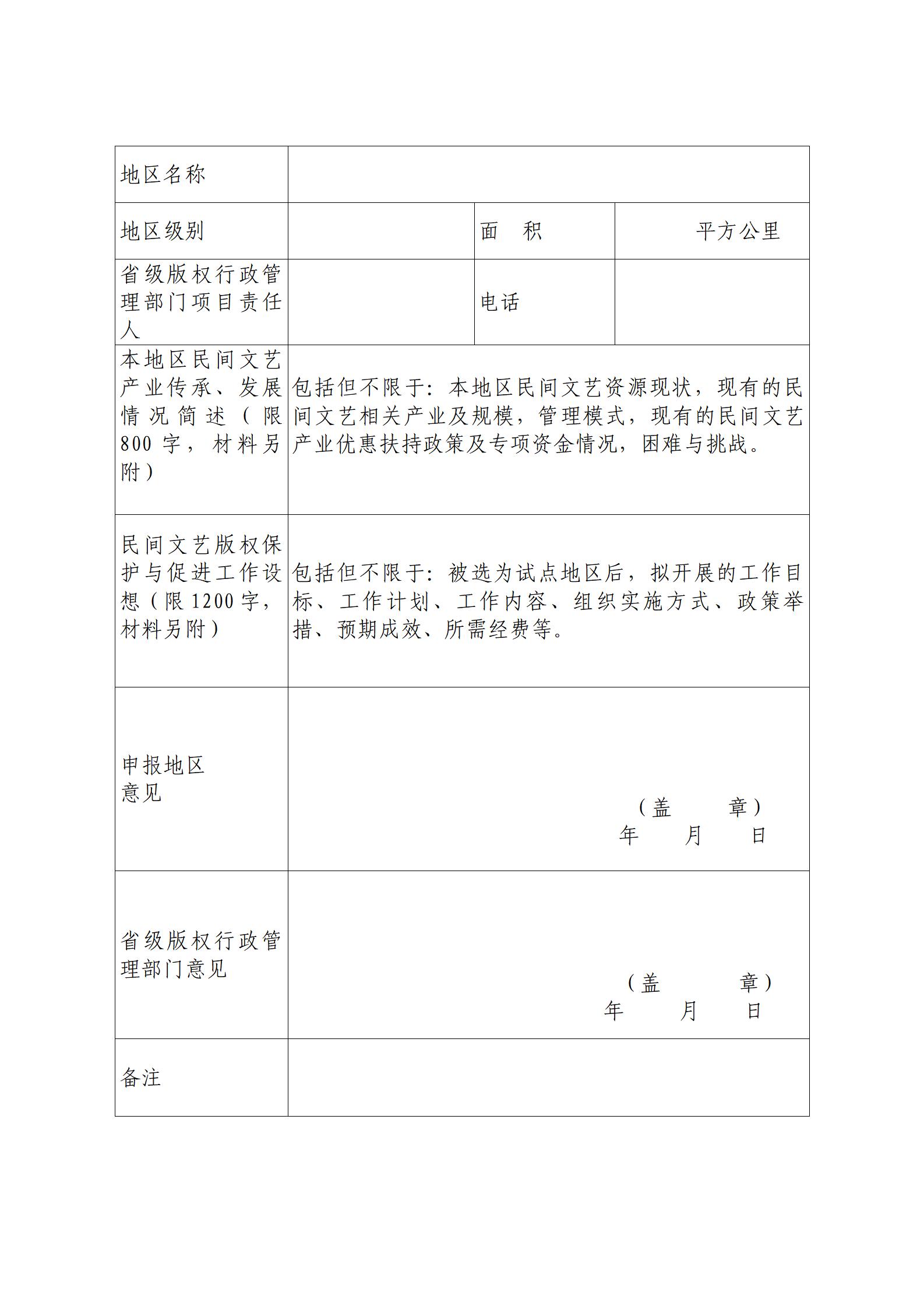 国家版权局民间文艺版权与促进试点申报表